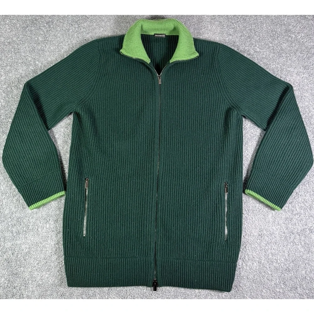 MANRICO 100% Cashmere Mens Large Green Full Zip Ribbed Sweater Jacket Italy Made